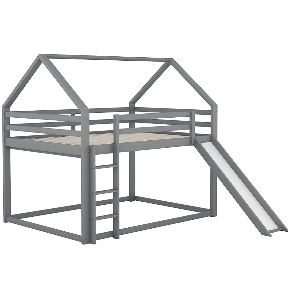 Enfant ProximaX Lit superposé cabane 140x200 cm gris avec toboggan et échelle, design ludique et moderne pour chambre