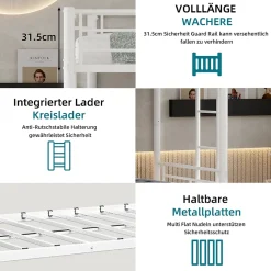 Okwish Lit Superposé Convertible 90x190 cm - Lit Enfant avec Échelle et Garde-Corps Silencieux , Fer - Sans Matelas - Blanc