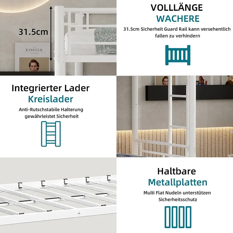 Okwish Lit Superposé Convertible 90x190 cm - Lit Enfant avec Échelle et Garde-Corps Silencieux , Fer - Sans Matelas - Blanc
