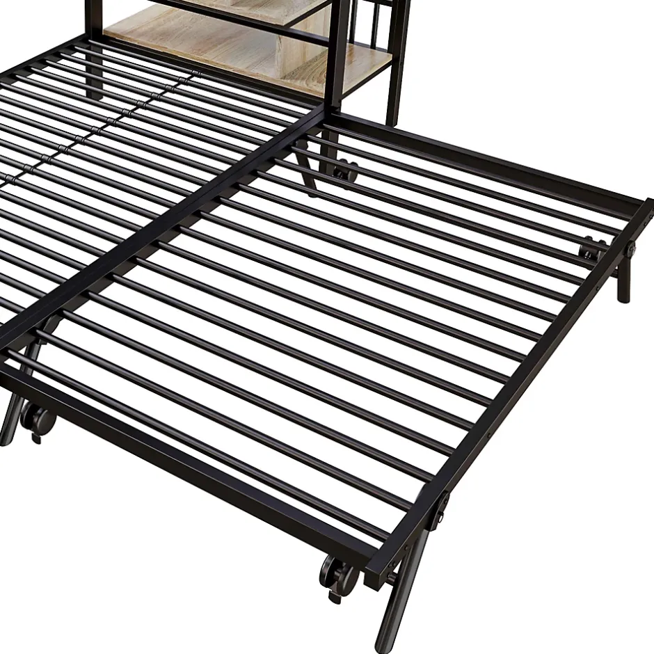 Seyakany Lit superposé en fer 90 x 200 cm et 180 x 200 cm, lit gigogne multifonctionnel, sac en tissu, escaliers de rangement, noir