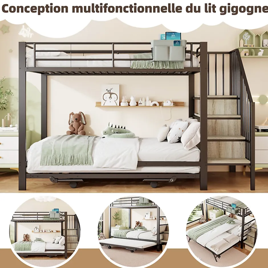 Seyakany Lit superposé en fer 90 x 200 cm et 180 x 200 cm, lit gigogne multifonctionnel, sac en tissu, escaliers de rangement, noir