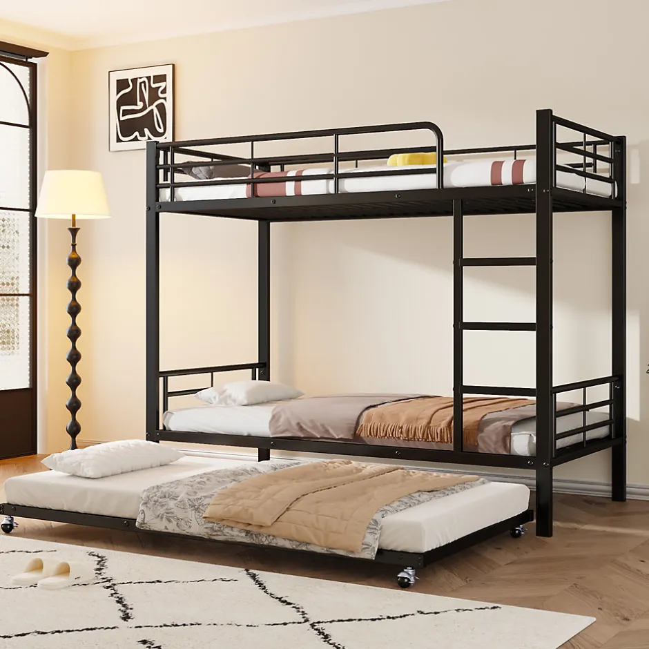 Enfant Simple Life Lit superposé en métal, adapté enfants et ados, avec lit gigogne, 4 barrières, noir, 90x200cm, 90x190cm