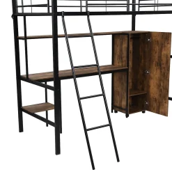 Simple Life Lit superposé en métal avec bureau et armoire, étagères, échelle 4 marches, noir, 90x200cm Best
