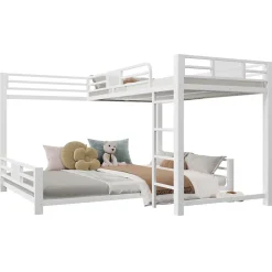 ModernLuxe Lit superposé en métal en forme de L - 90x200cm + 140x200 cm - Barrières de sécurité et échelle - Métal - Blanc (sans matelas) Clearance