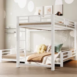 ModernLuxe Lit superposé en métal en forme de L - 90x200cm + 140x200 cm - Barrières de sécurité et échelle - Métal - Blanc (sans matelas) Clearance