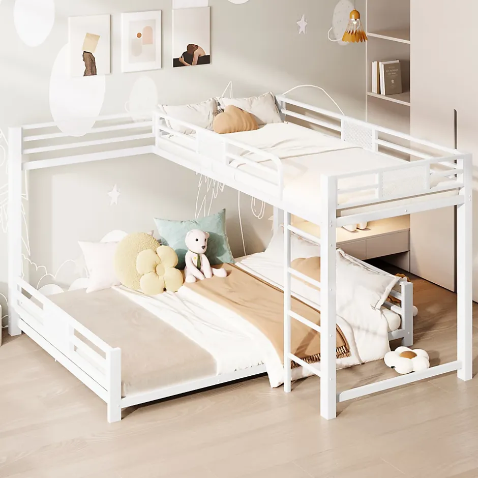 ModernLuxe Lit superposé en métal en forme de L - 90x200cm + 140x200 cm - Barrières de sécurité et échelle - Métal - Blanc (sans matelas) Clearance