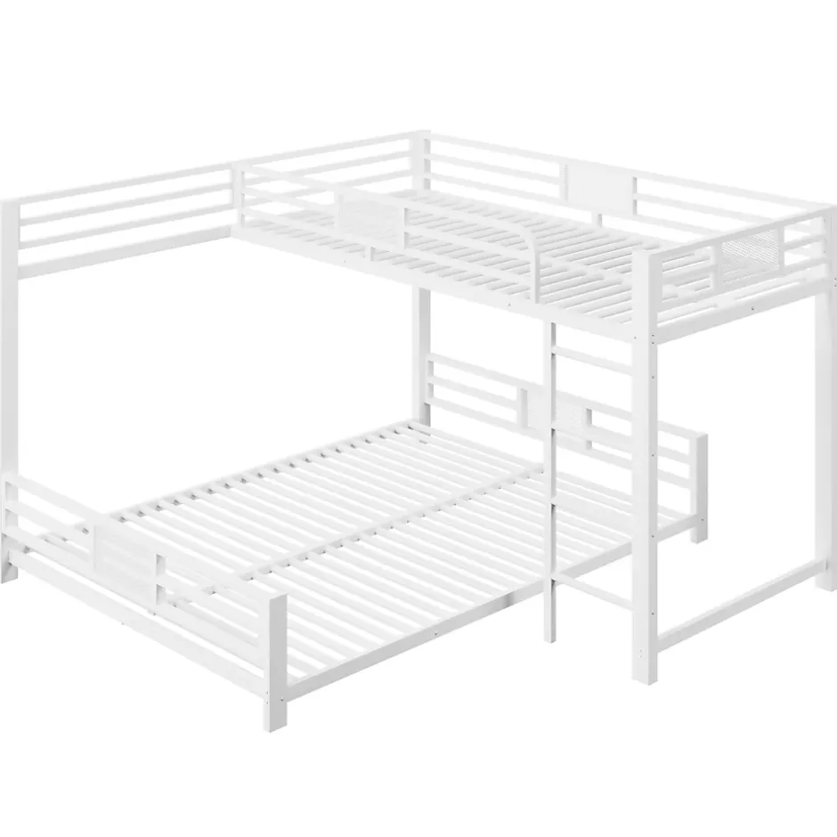 ModernLuxe Lit superposé en métal en forme de L - 90x200cm + 140x200 cm - Barrières de sécurité et échelle - Métal - Blanc (sans matelas) Clearance