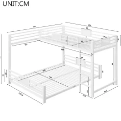 ModernLuxe Lit superposé en métal en forme de L - 90x200cm + 140x200 cm - Barrières de sécurité et échelle - Métal - Blanc (sans matelas) Clearance