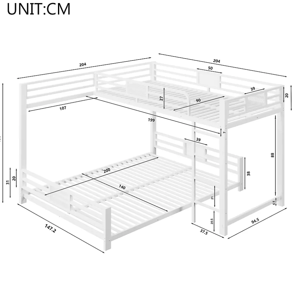 ModernLuxe Lit superposé en métal en forme de L - 90x200cm + 140x200 cm - Barrières de sécurité et échelle - Métal - Blanc (sans matelas) Clearance