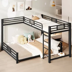Enfant ModernLuxe Lit superposé en métal en forme de L - 90x200cm + 140x200 cm - Barrières de sécurité et échelle - Métal - Noir (sans matelas)