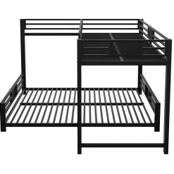 Enfant ModernLuxe Lit superposé en métal en forme de L - 90x200cm + 140x200 cm - Barrières de sécurité et échelle - Métal - Noir (sans matelas)