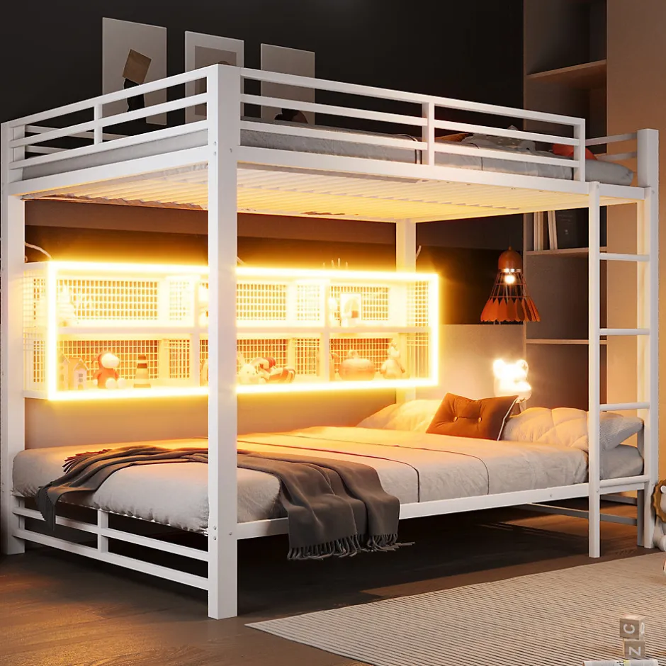 Enfant ModernLuxe Lit superposé en métal 140x200 cm - Avec placards de rangement et LED - 6 compartiments de rangement - Blanc (sans matelas)