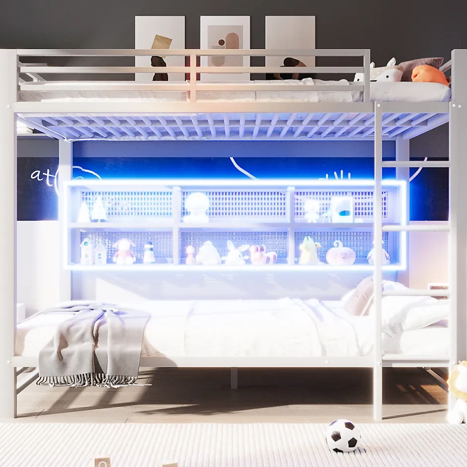 Enfant ModernLuxe Lit superposé en métal 140x200 cm - Avec placards de rangement et LED - 6 compartiments de rangement - Blanc (sans matelas)