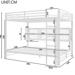 Enfant ModernLuxe Lit superposé en métal 140x200 cm - Avec placards de rangement et LED - 6 compartiments de rangement - Blanc (sans matelas)