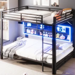 Enfant ModernLuxe Lit superposé en métal 140x200 cm - Avec placards de rangement et LED - 6 compartiments de rangement - Moir (sans matelas)