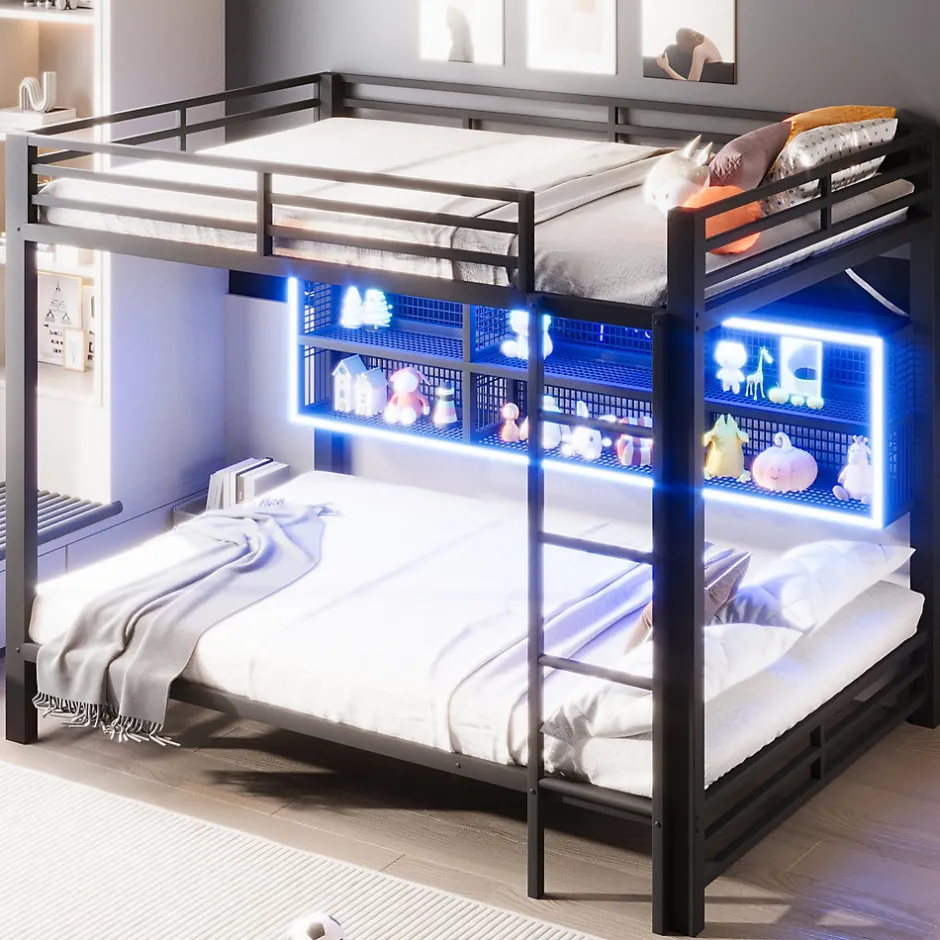 Enfant ModernLuxe Lit superposé en métal 140x200 cm - Avec placards de rangement et LED - 6 compartiments de rangement - Moir (sans matelas)
