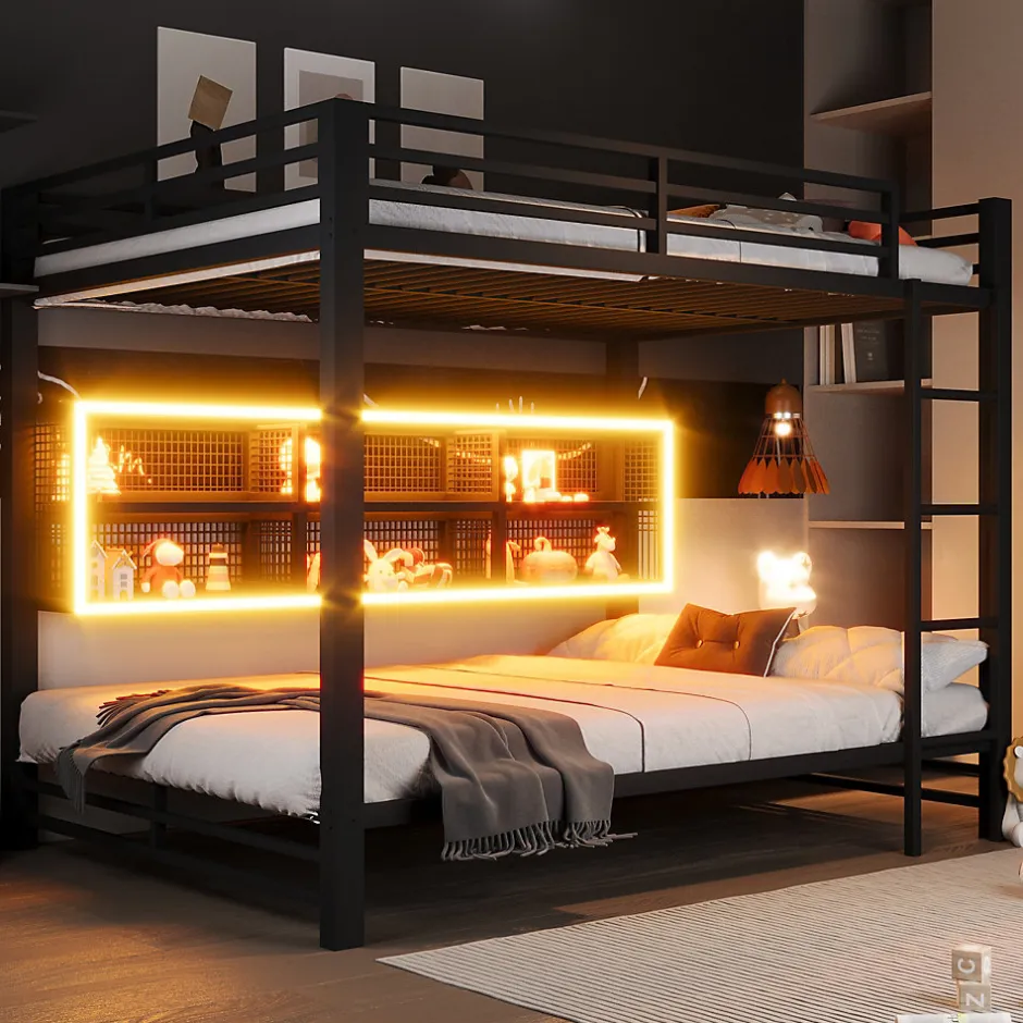 Enfant ModernLuxe Lit superposé en métal 140x200 cm - Avec placards de rangement et LED - 6 compartiments de rangement - Moir (sans matelas)