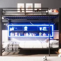 Enfant ModernLuxe Lit superposé en métal 140x200 cm - Avec placards de rangement et LED - 6 compartiments de rangement - Moir (sans matelas)