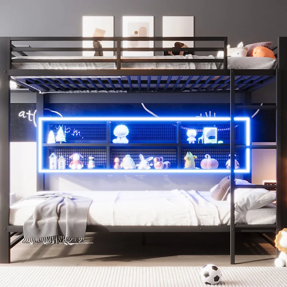 Enfant ModernLuxe Lit superposé en métal 140x200 cm - Avec placards de rangement et LED - 6 compartiments de rangement - Moir (sans matelas)