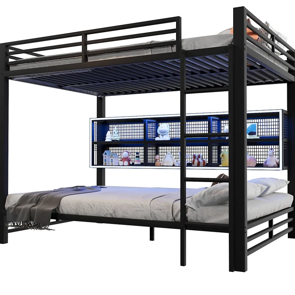 Enfant ModernLuxe Lit superposé en métal 140x200 cm - Avec placards de rangement et LED - 6 compartiments de rangement - Moir (sans matelas)