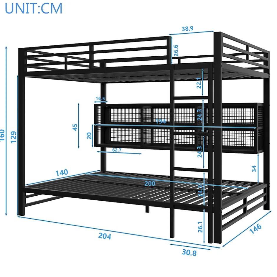 Enfant ModernLuxe Lit superposé en métal 140x200 cm - Avec placards de rangement et LED - 6 compartiments de rangement - Moir (sans matelas)