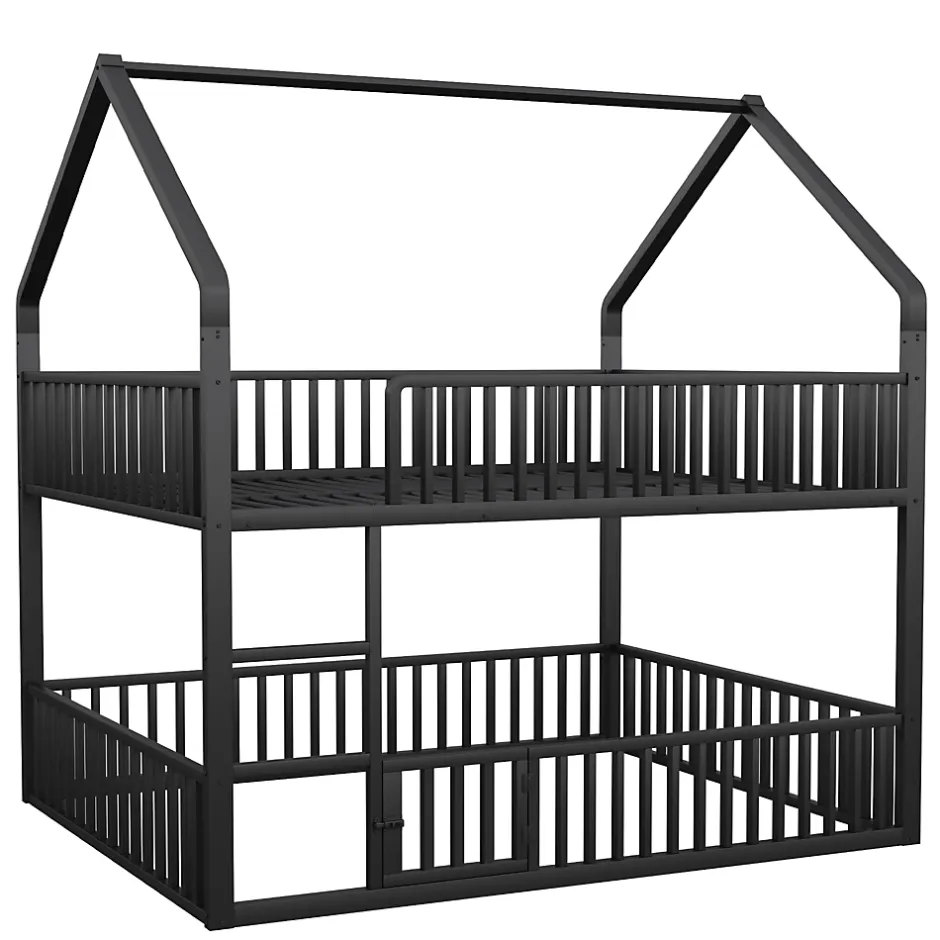 Redom Lit superposé enfant 140 par 200 métal lit double familial mezzanine avec échelle porte ouvrante lit inférieur noir Discount