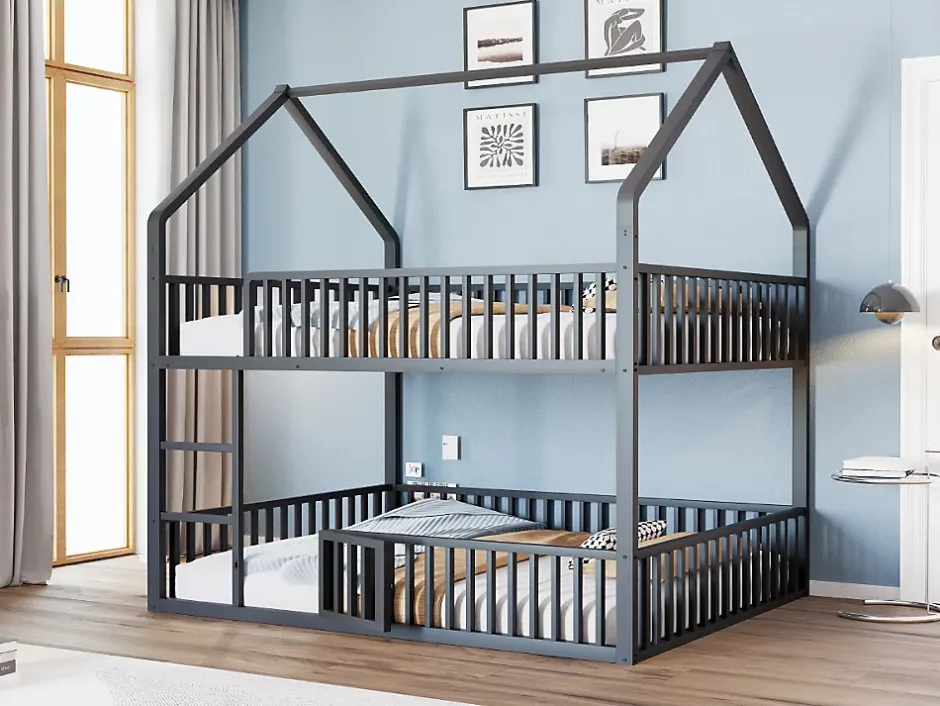 Redom Lit superposé enfant 140 par 200 métal lit double familial mezzanine avec échelle porte ouvrante lit inférieur noir Discount