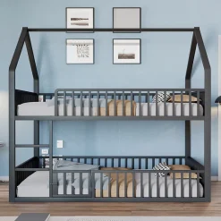 Redom Lit superposé enfant 140 par 200 métal lit double familial mezzanine avec échelle porte ouvrante lit inférieur noir Discount