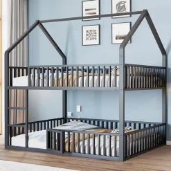 Redom Lit superposé enfant 140 par 200 métal lit double familial mezzanine avec échelle porte ouvrante lit inférieur noir Discount