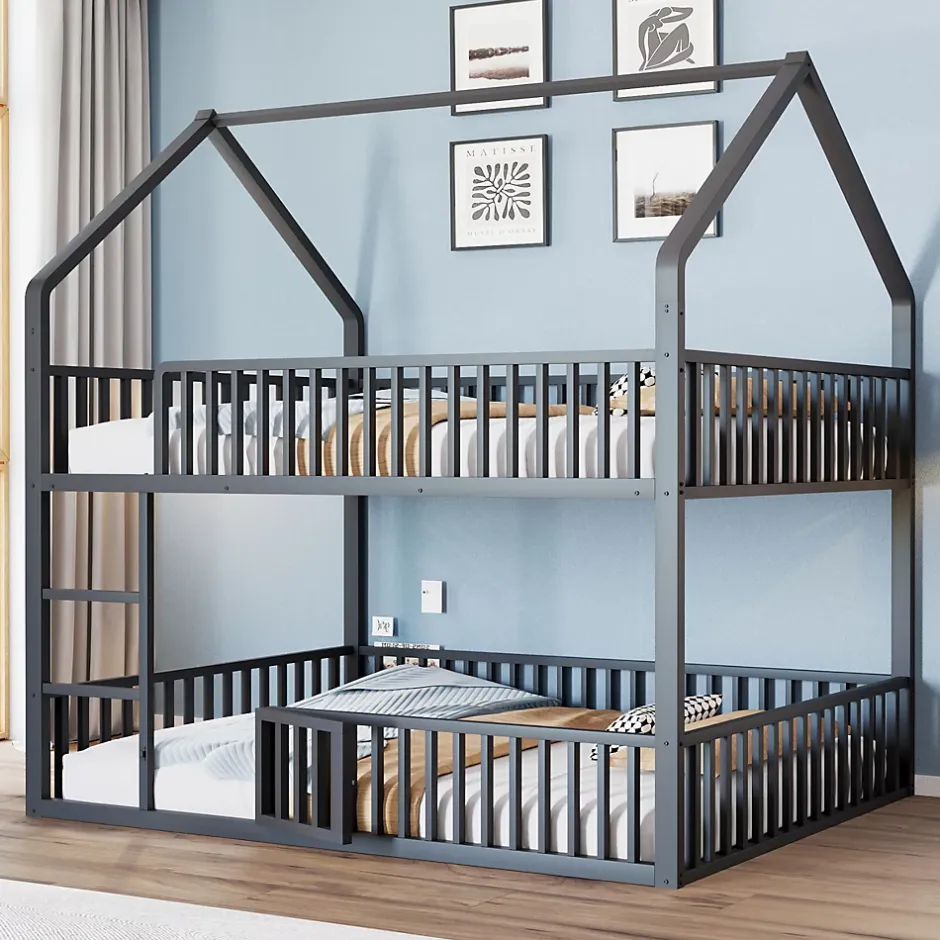 Redom Lit superposé enfant 140 par 200 métal lit double familial mezzanine avec échelle porte ouvrante lit inférieur noir Discount