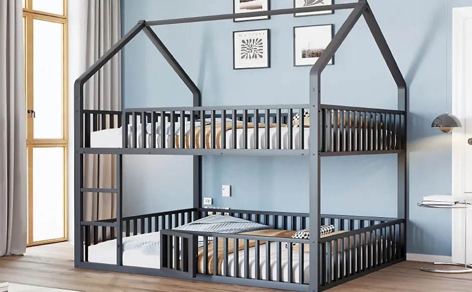 Redom Lit superposé enfant 140 par 200 métal lit double familial mezzanine avec échelle porte ouvrante lit inférieur noir Discount