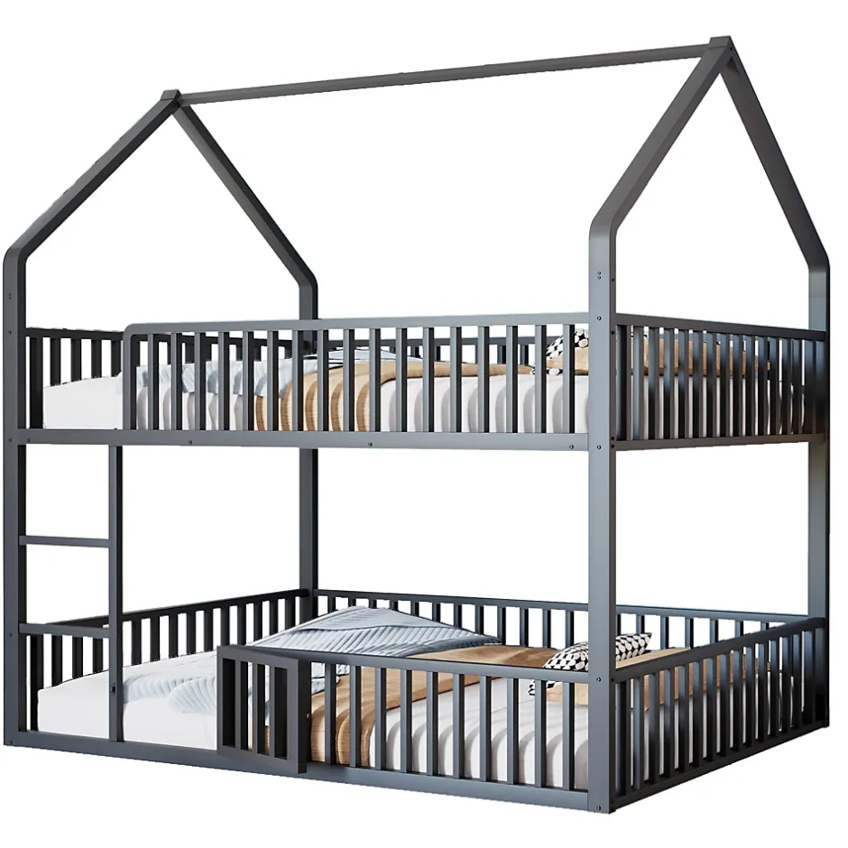 Redom Lit superposé enfant 140 par 200 métal lit double familial mezzanine avec échelle porte ouvrante lit inférieur noir Discount