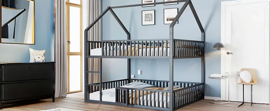 Redom Lit superposé enfant 140 par 200 métal lit double familial mezzanine avec échelle porte ouvrante lit inférieur noir Discount