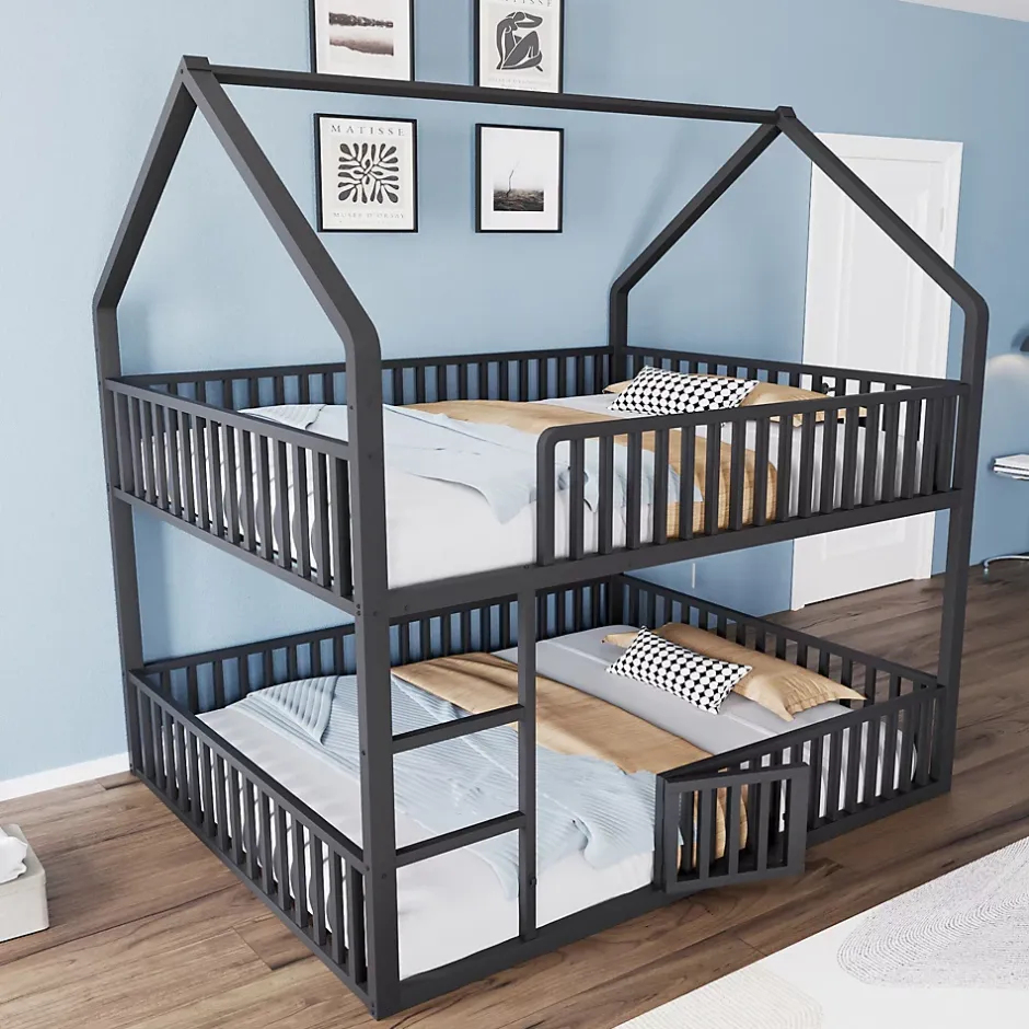 Redom Lit superposé enfant 140 par 200 métal lit double familial mezzanine avec échelle porte ouvrante lit inférieur noir Discount