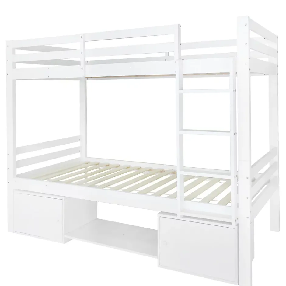Simple Life Lit superposé enfant avec rangements chaussures et casiers, convertible 2 lits simples, blanc, 90x200 cm
