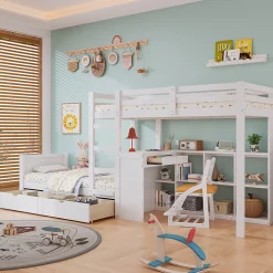 Enfant Simple Life Lit superposé enfant, échelle à 3 marches, 2 tiroirs, bureau, garde-corps, lattes solides, MDF pin, blanc, 90x200cm