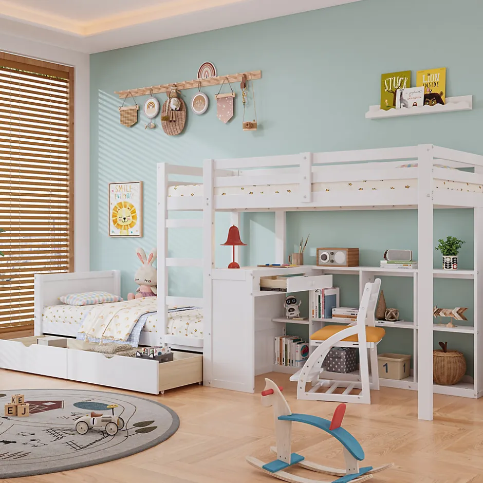 Enfant Simple Life Lit superposé enfant, échelle à 3 marches, 2 tiroirs, bureau, garde-corps, lattes solides, MDF pin, blanc, 90x200cm