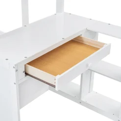 Enfant Simple Life Lit superposé enfant, échelle à 3 marches, 2 tiroirs, bureau, garde-corps, lattes solides, MDF pin, blanc, 90x200cm