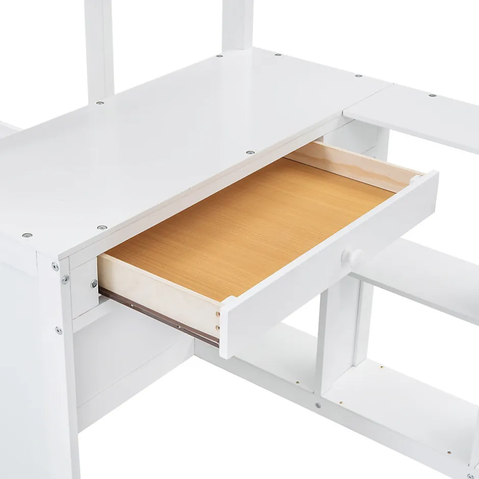 Enfant Simple Life Lit superposé enfant, échelle à 3 marches, 2 tiroirs, bureau, garde-corps, lattes solides, MDF pin, blanc, 90x200cm