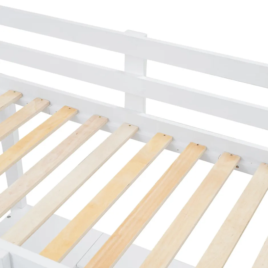 Enfant Simple Life Lit superposé enfant, échelle à 3 marches, 2 tiroirs, bureau, garde-corps, lattes solides, MDF pin, blanc, 90x200cm