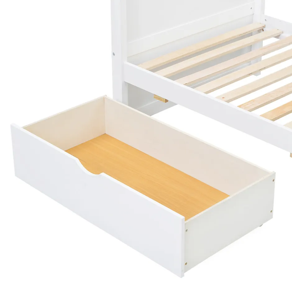 Enfant Simple Life Lit superposé enfant, échelle à 3 marches, 2 tiroirs, bureau, garde-corps, lattes solides, MDF pin, blanc, 90x200cm