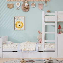 Enfant Simple Life Lit superposé enfant, échelle à 3 marches, 2 tiroirs, bureau, garde-corps, lattes solides, MDF pin, blanc, 90x200cm