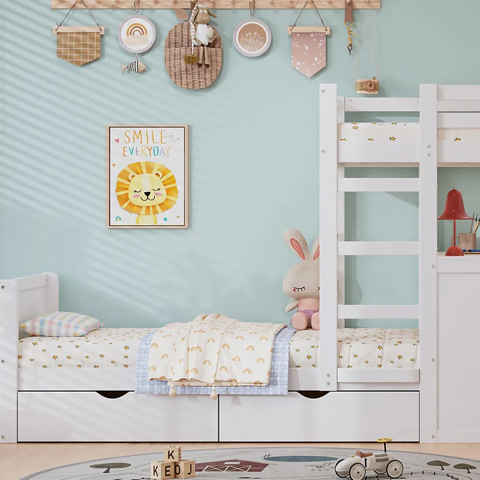 Enfant Simple Life Lit superposé enfant, échelle à 3 marches, 2 tiroirs, bureau, garde-corps, lattes solides, MDF pin, blanc, 90x200cm