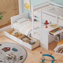 Enfant Simple Life Lit superposé enfant, échelle à 3 marches, 2 tiroirs, bureau, garde-corps, lattes solides, MDF pin, blanc, 90x200cm