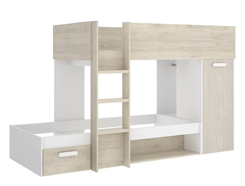 Enfant Pegane Lit superposé enfant coloris chêne naturel, blanc, imitation lamelles, couchage 90 x190 cm