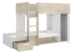 Enfant Pegane Lit superposé enfant coloris chêne naturel, blanc, imitation lamelles, couchage 90 x190 cm