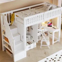 Enfant Okwish Lit Superposé Enfant 90x200 cm - avec Escalier de Rangement et Bureau Intégré, Armoire et Tiroirs - Bois/MDF/Contreplaqué Blanc