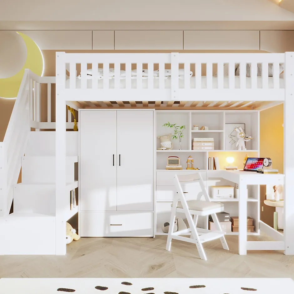 Enfant Okwish Lit Superposé Enfant 90x200 cm - avec Escalier de Rangement et Bureau Intégré, Armoire et Tiroirs - Bois/MDF/Contreplaqué Blanc