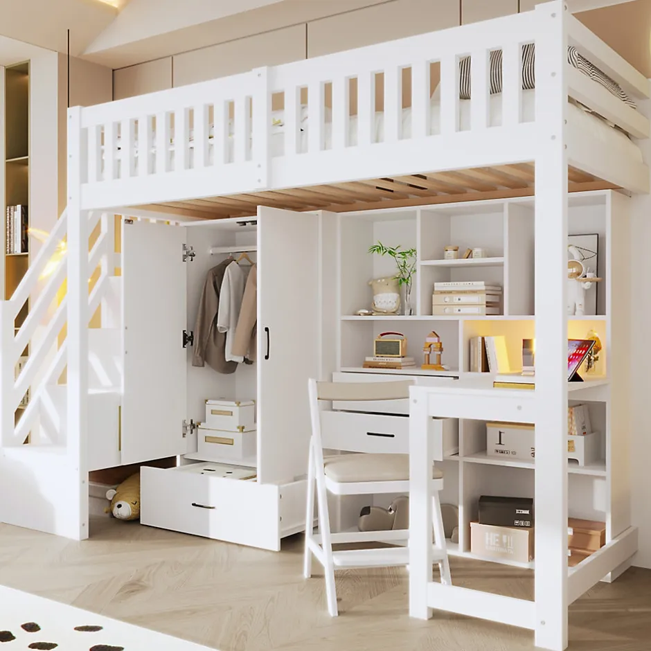 Enfant Okwish Lit Superposé Enfant 90x200 cm - avec Escalier de Rangement et Bureau Intégré, Armoire et Tiroirs - Bois/MDF/Contreplaqué Blanc