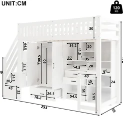 Enfant Okwish Lit Superposé Enfant 90x200 cm - avec Escalier de Rangement et Bureau Intégré, Armoire et Tiroirs - Bois/MDF/Contreplaqué Blanc